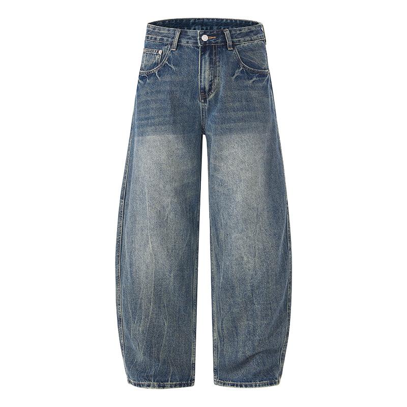 

Осенние американские джинсы-полусабли мужские вареные ретро свободные брюки широкие от бедра 3XL синий