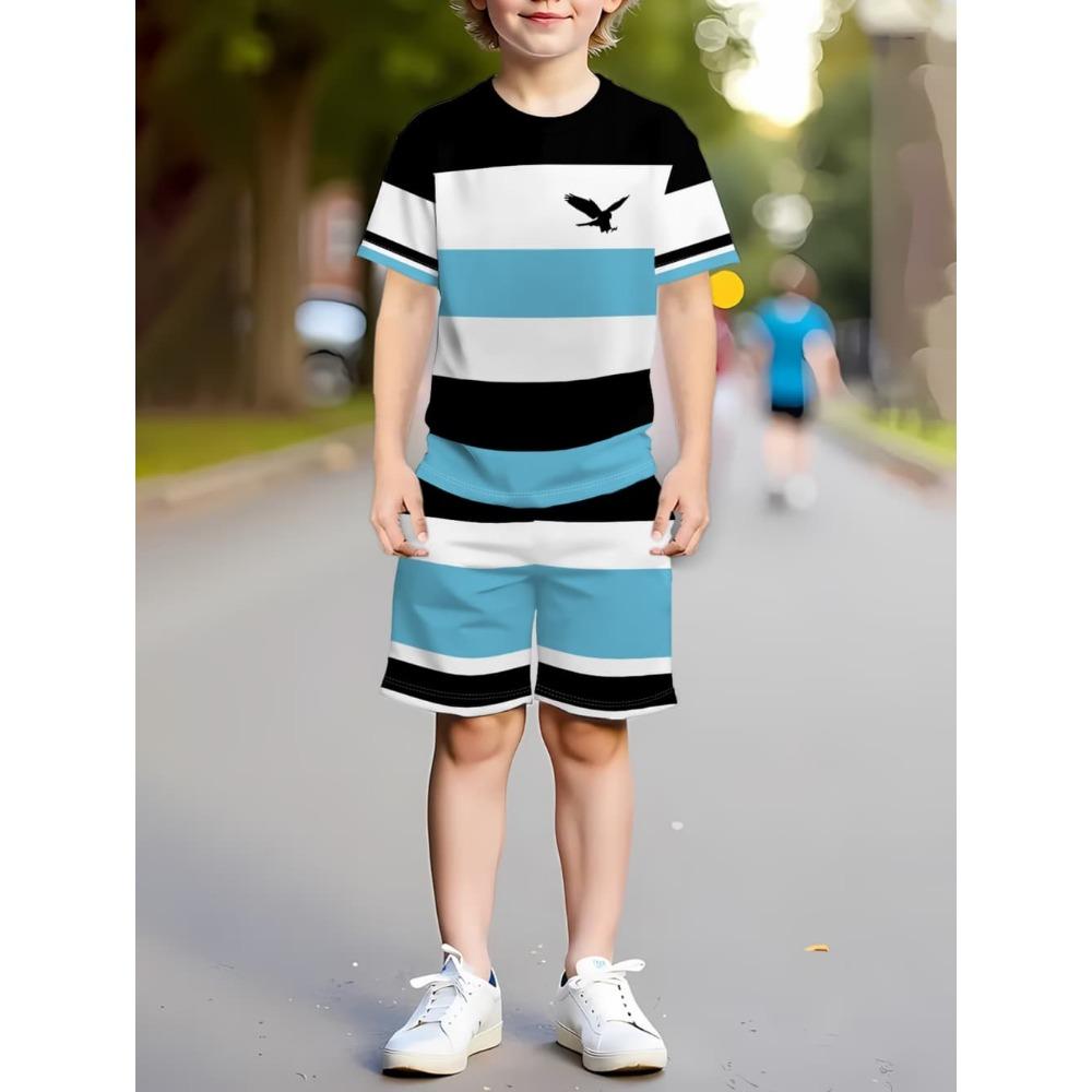 Boys Clothes Simple Striped 3D Printed Short Sleeve T-Shirt Sets Loose Casual Summer Outdoor Quick Drying Children's Clothing