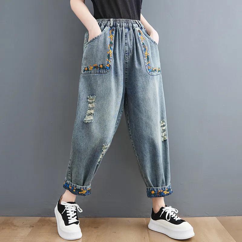 Spring Autumn Women's Plus Size Jeans High Waist Ripped Holes Casual Loose Jeans Vintage Pockets Floral Embroidery Denim Trousers