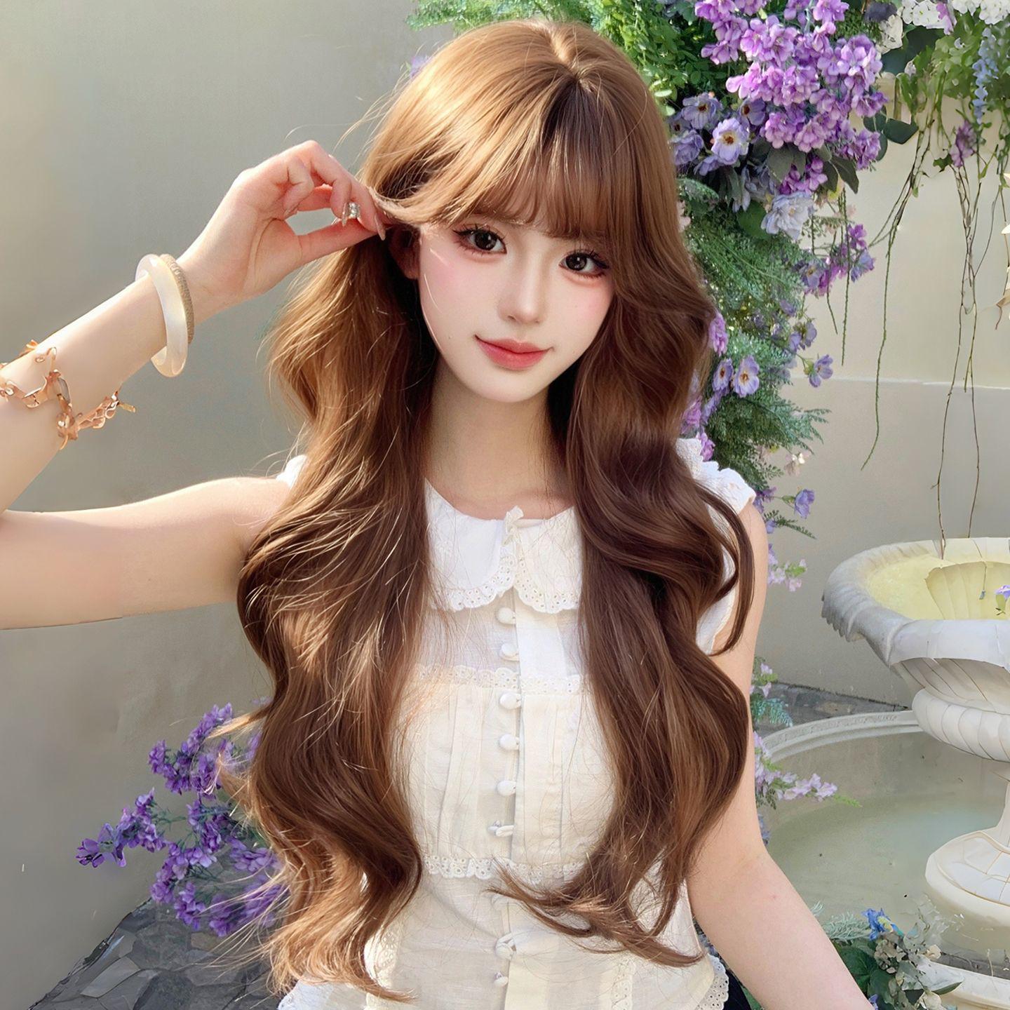 

Lolita Chestnut Brown Long Curly Wig with Air Bangs - Korean Style Big Waves for Daily Wear