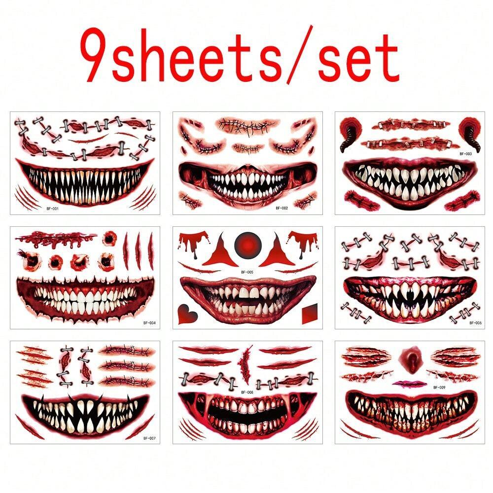 

9pcs/set Scary Halloween Face Tattoo Stickers Funny Big Mouth Party Scars Horror Face Temporary Stickers Waterproof Body Sticker 16x11x1CM