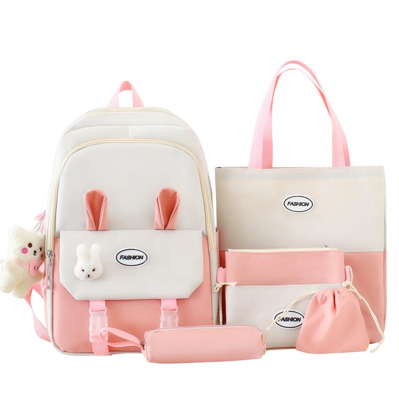 

Симпатичная школьная сумка с цветными блоками, студенческий рюкзак большой емкости, женский рюкзак с кроликом розовый