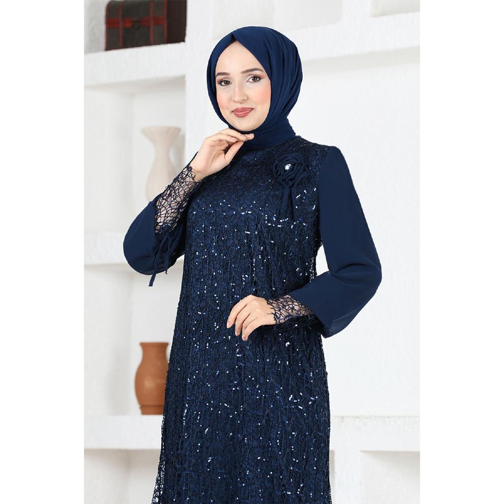 Women's Clothing Evening Dress Fashion Mesh Sequined Rose Hijab Evening Dress 2517 Navy Blue