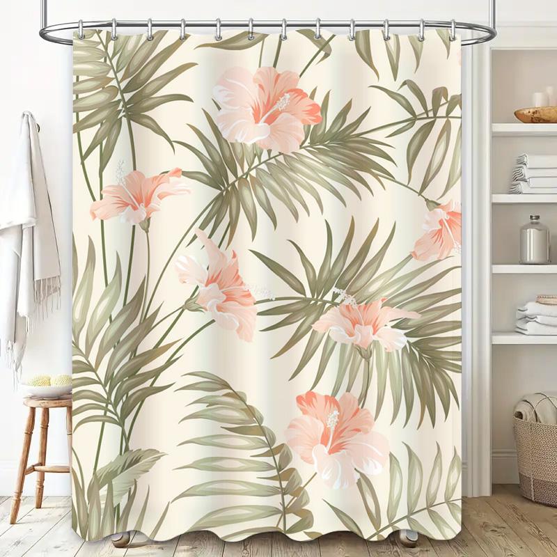 Vibrant Floral Bath Curtain Modern Bathroom Decor With Green Leaves And Pink Flowers For Home Use