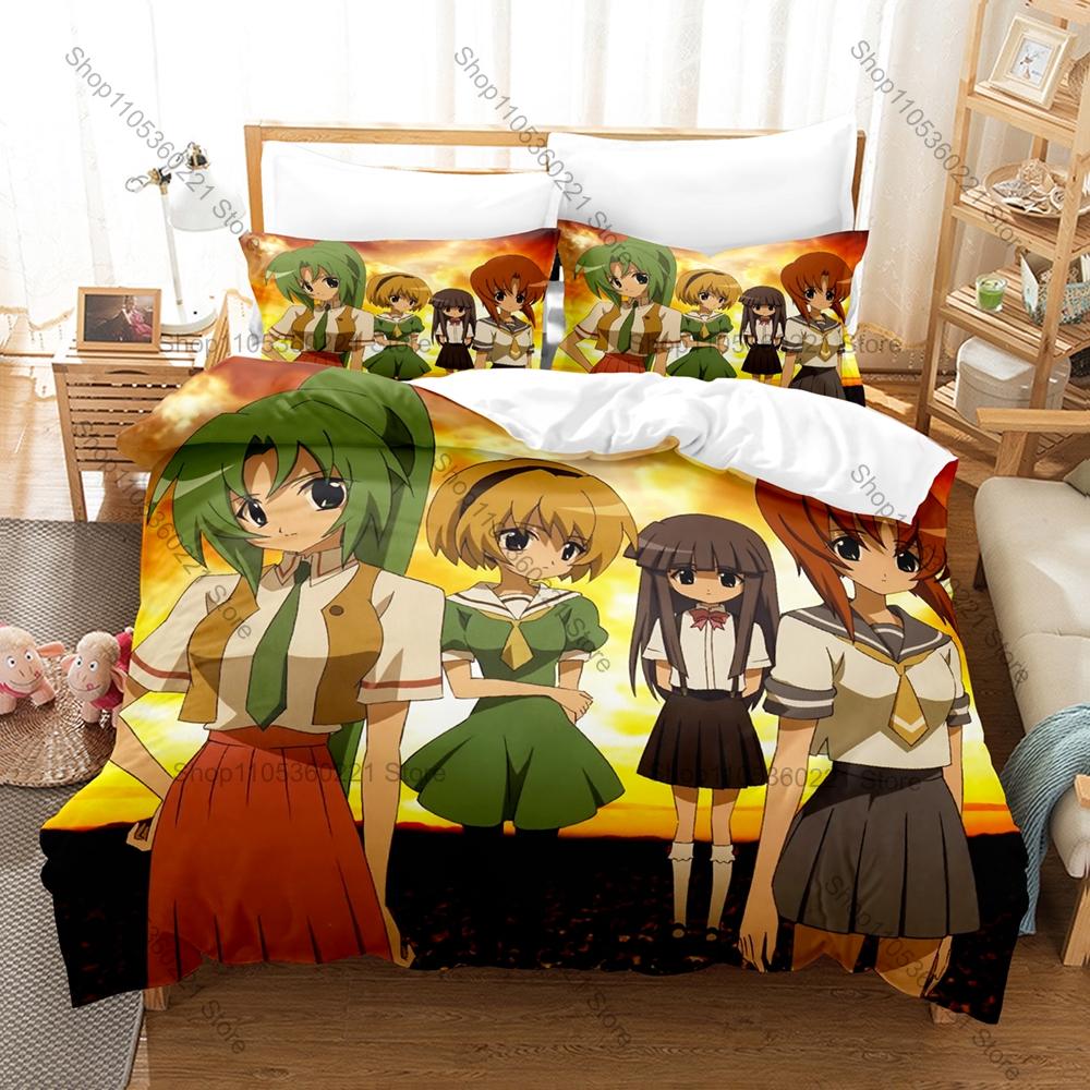 Hinamizawa Village Character Print Higurashi Anime Bedding Set Duvet Cover + 2 Pillowcases Twin Full Queen King Bedding Set