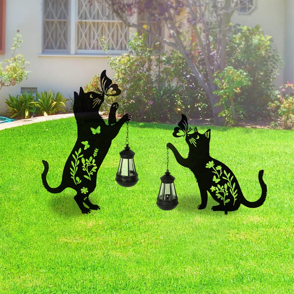 2pcs Solar Cat Silhouette Garden Stakes Black Metal Hollow Kitty Yard Decor Lights