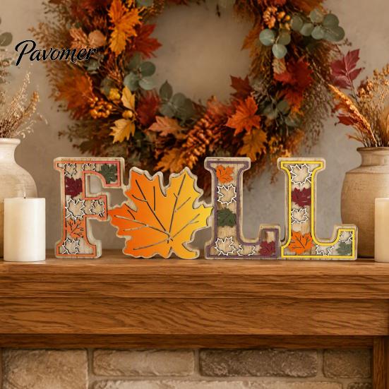 Solid Wood Harvest Theme Signs 4Pcs/Set Fall Wooden Tabletop Signs, Autumn Maple Leaf Letter Decorations for Table Tiered Tray Fireplace Dining