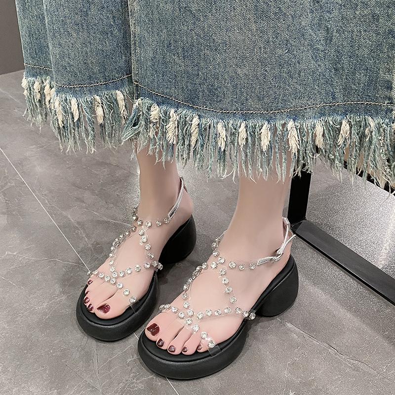 Fashion Transparent Diamond Sandals Women's New Summer Round Head Thick Sole Line with Roman High Heels