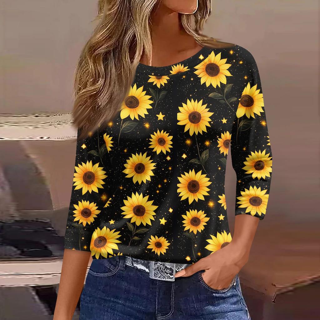 Women's Three-Quarter Sleeve Shirt, Round Neck, Loose Fit, Casual Shirt, Floral Print T-Shirt, Summer