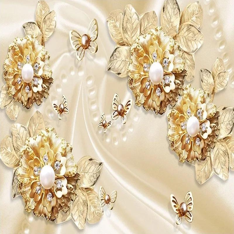 3d Stereo Luxury Photo Wallpaper Golden Flower Jewelry Murals Living Room Tv Background Wall Mural Home Decor