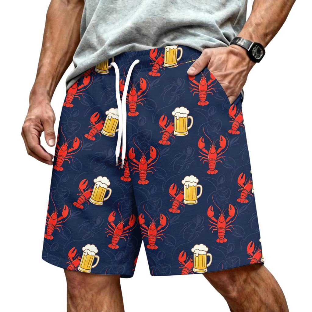 Men's Hawaiian Print Mesh Shorts with Drawstring Elastic Waist for Summer Beach and Casual Wear