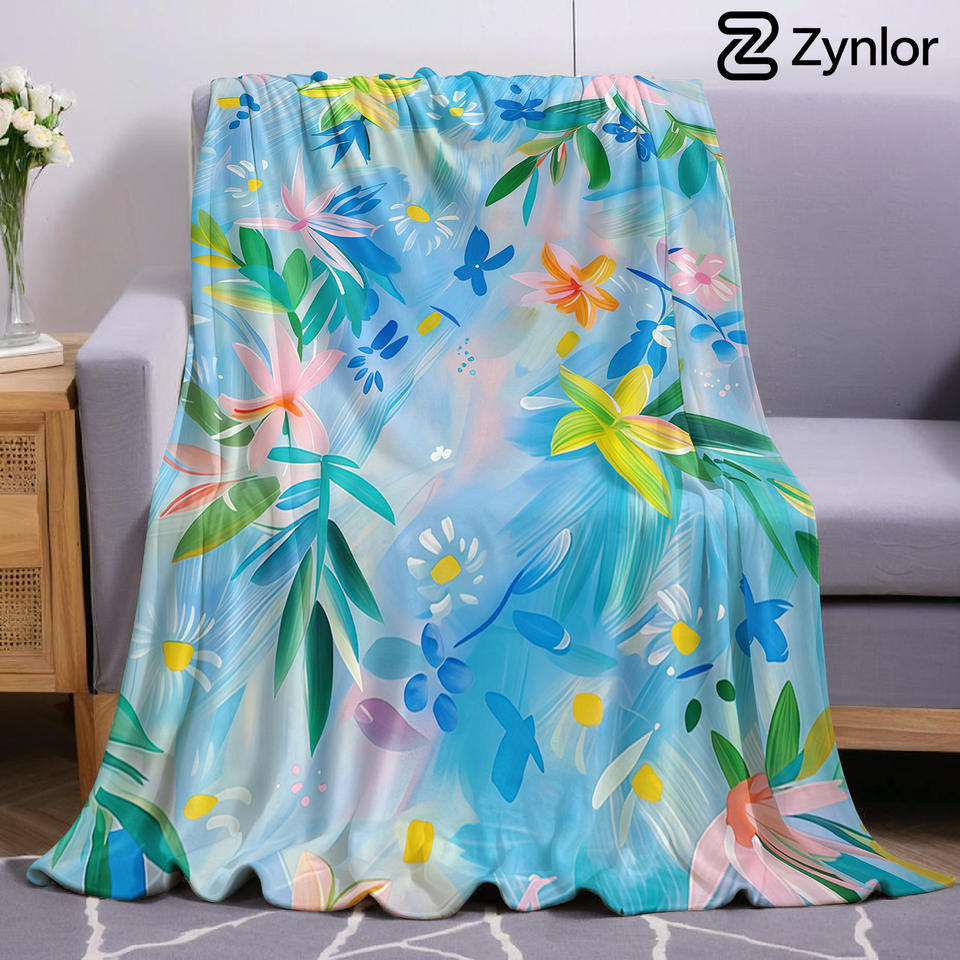 Blue Base Pink Floral Ultra Soft Sherpa Fleece Blanket Fluffy Warm Halloween Cozy Throw for Sofa Couch Bedroom Gift All season