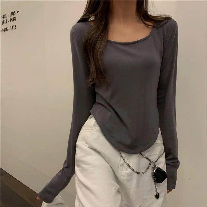 Nová nepravidelná elegantní trička s dlouhým rukávem ženy s čtvercovým límcem ležérní štíhlý top dámský elegantní vintage streetwear pevná trička
