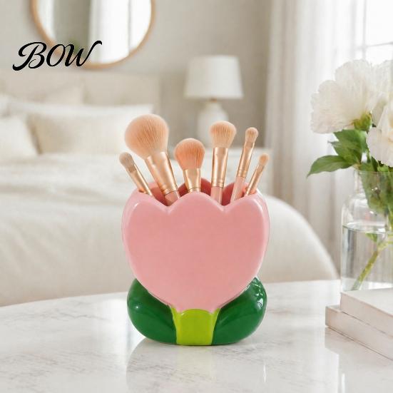 Office Desk Accessories for Women Tulip Makeup Brush Holder, Resin Cosmetic Organizer Vanity Desk, Cute Flower Pen Floral Stationery Cup