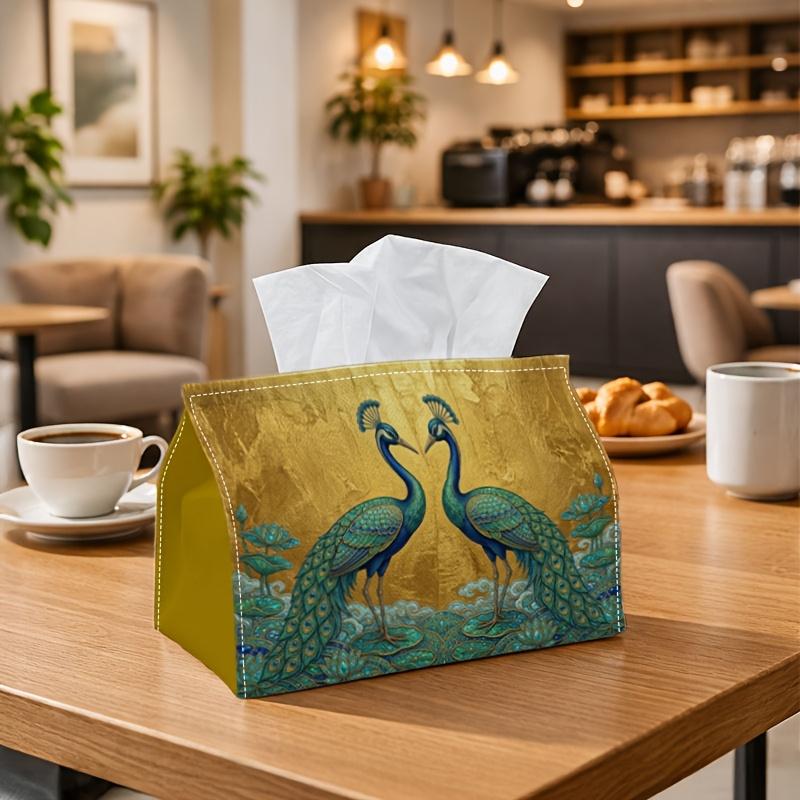 1pc Oriental Twin PeaRooster Tissue Box - Golden Symmetrical Napkin Holder with Twin Rooster, Suitable for Rolls/Facial Tissues, Space-Saving Organize