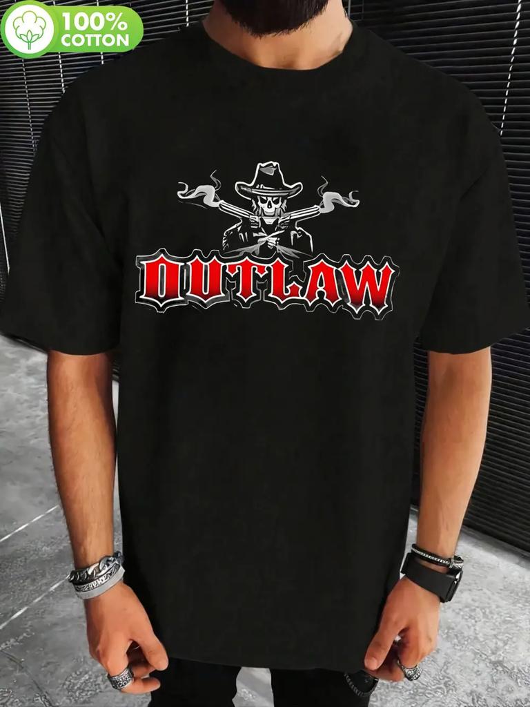 Vintage Outlaw Cowboy Graphic Cotton T-shirt - Western Style Short Sleeve Crew Neck Tee with Bold OUTLAW Print & Cowboy Skeleton Design