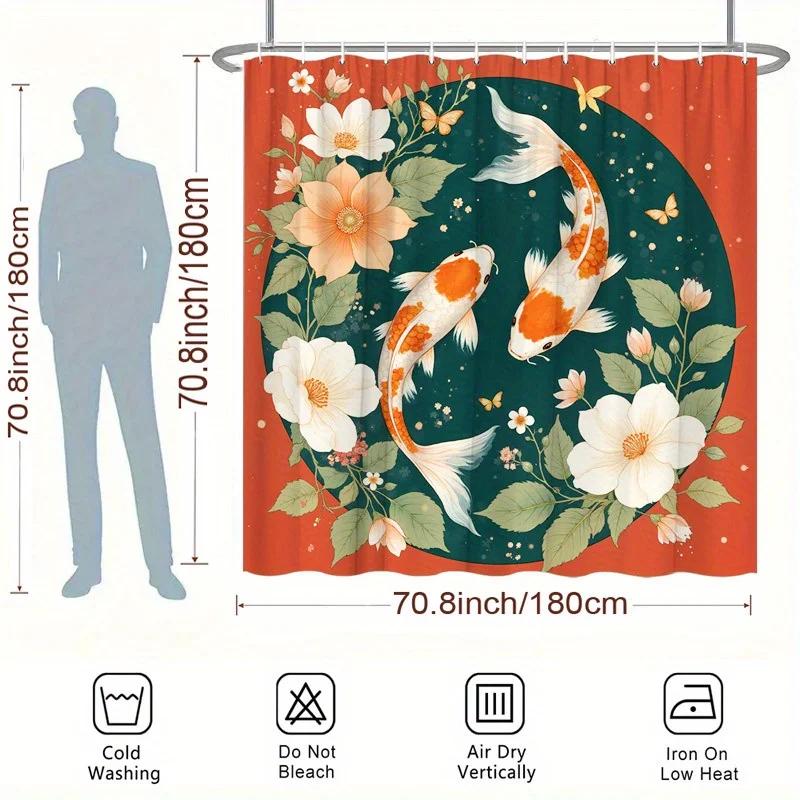 Koi Vis & Bloemen Douchegordijn - Waterverf Ontwerp, Polyester, 12 Haken, 70,8x70,8 Inch, Op de Natuur Geïnspireerd Decor