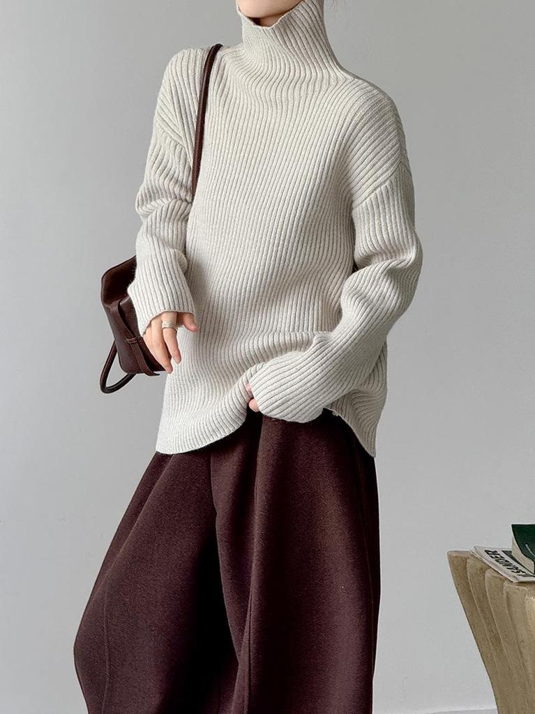 Juzhi Women's High Neck Loose Knit Pullover Sweater for Autumn/Winter - Long Sleeve, High-End Feel