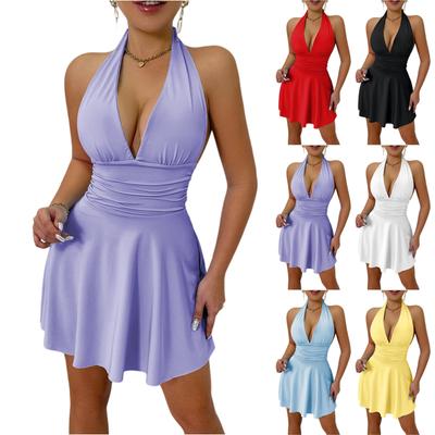 Women's Fashionable And Sexy Solid Color V-neck Strap Backless Short Dress