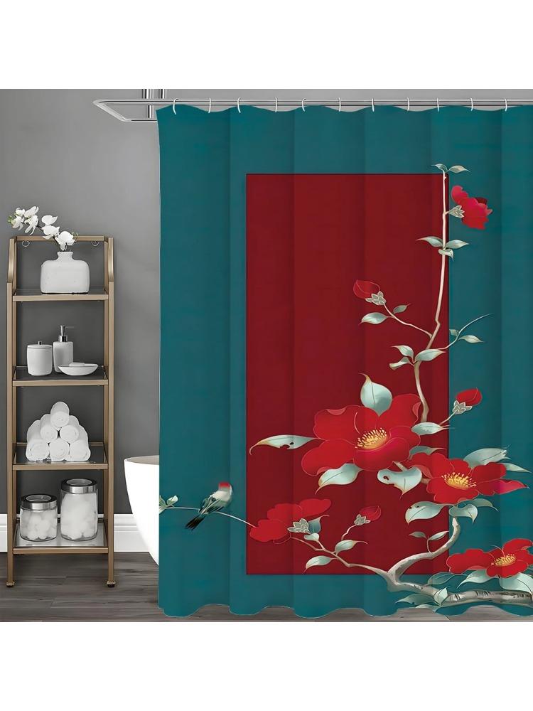 

Chinese Floral Birdie Blue And Red Shower Curtain, Bathroom Decorative Shower Curtain, Waterproof Shower Curtain With Hooks W60H190(CM)-1 Pcs