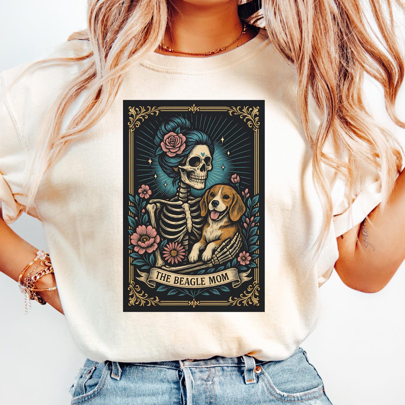 Beagle Mom Tarot Card T-Shirt: Comfort Colors Dog Skeleton Tee 3XL