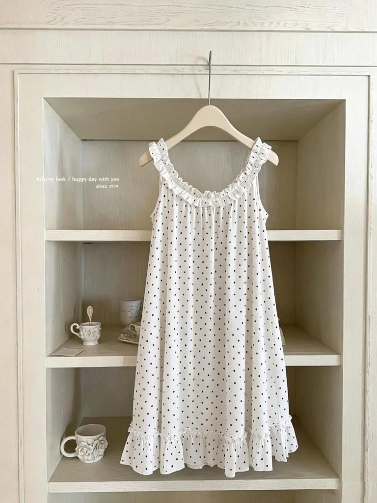 Bow print fungus edge suspender nightdress women's loose sweet loungewear