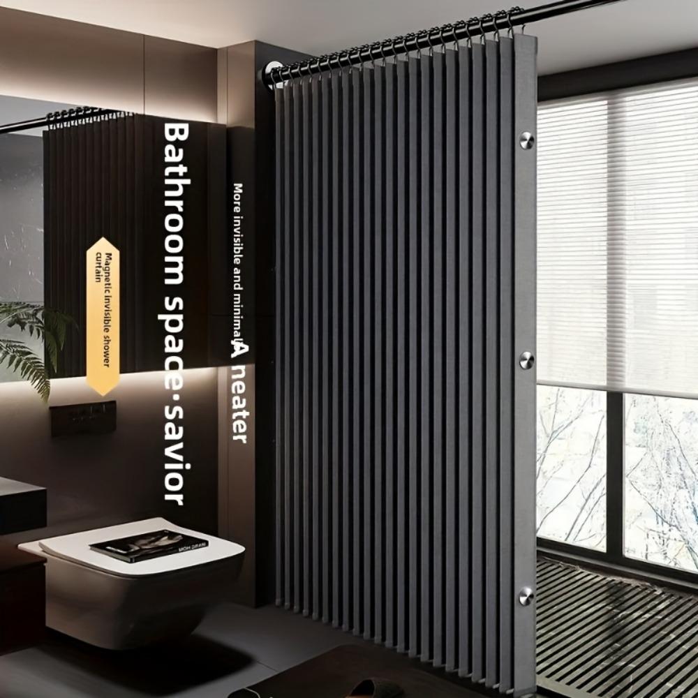 Gray Foldable High-Temperature Resistant Polyester Bathroom Partition Curtain with Hole Hook - Wave Style, Machine Washable,Bathroom Decor