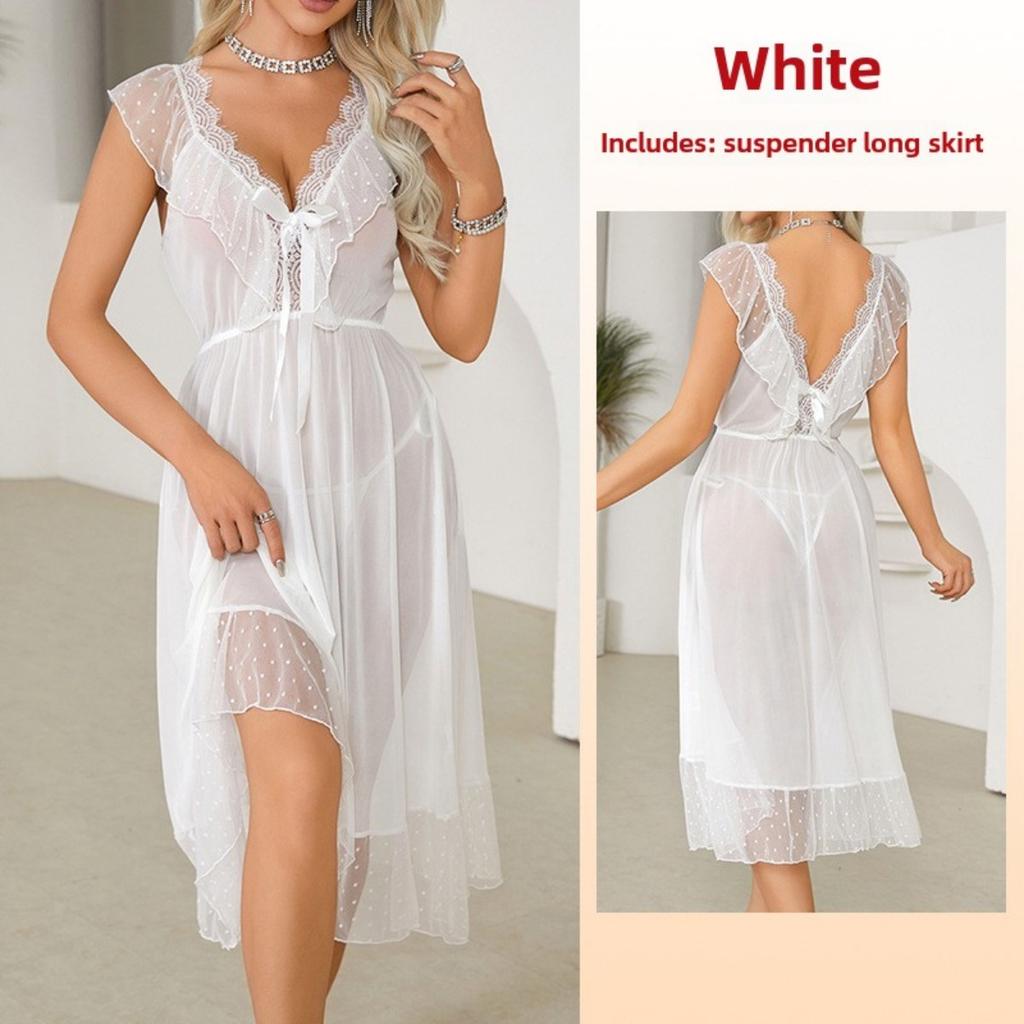 Sexy Polka Dot Nightdress Princess Style Suspender Skirt Mesh Private Room Pajamas Backless Wear