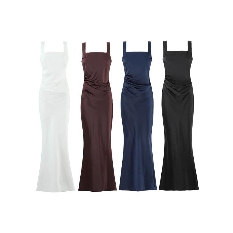 New Solid Color Temperament Strap Waist Dress Long Dress Sexy Square Collar Banquet Hip Wrap Evening Dress Fishtail Skirt