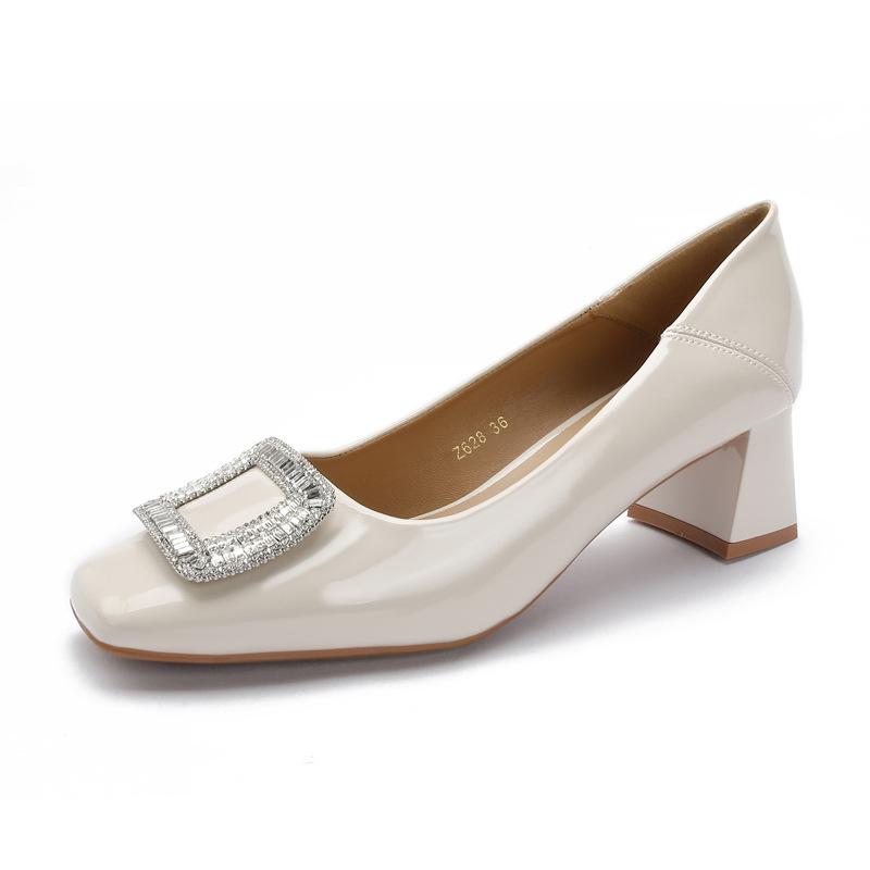 

Square head high heels women s thick heel 2025 new red wedding shoes bride shoes rhinestone square buckle patent leather middle heel single shoes 40
