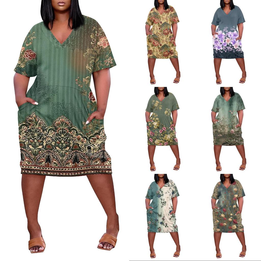 Summer Plus Size V Neck Short Sleeve Knee Pocket Print Casual Dress For Women
