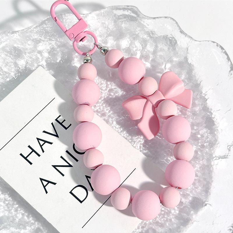 Pink Pearl Bow Keychain Beaded Pendant Anti-Lost Rope Mobile Phone Chain Earphone Bag Car Keychain Backpack Accessory