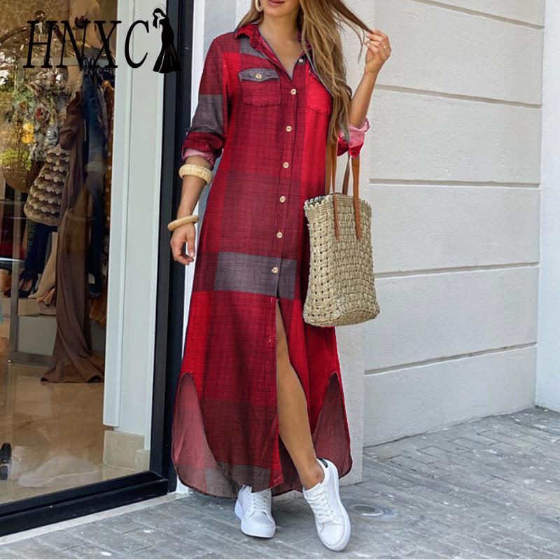 HNXC Stylish Women's Loose Long Shirt Dress with Collar and Long Sleeves