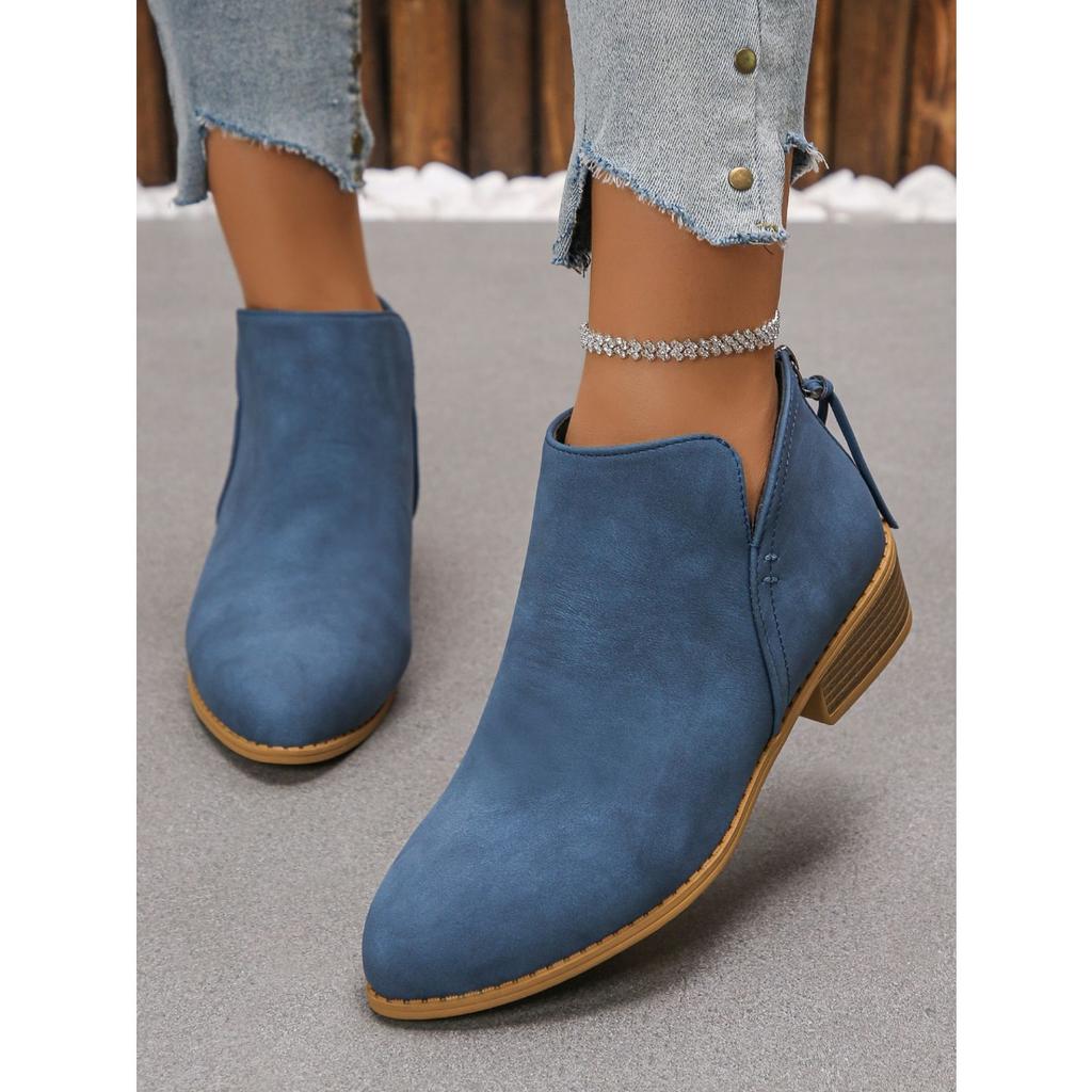 Oversized Leather Boots, Women's Boots, Solid Color, Slimming Effect, Pointed Back Zipper, Casual Thick Sole, Thick Heel Boots, Women's Singles
