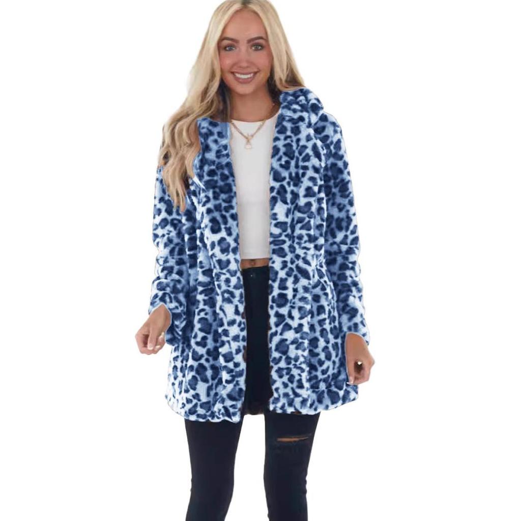 Langärmlige Winterjacke aus Plüsch für Damen mit Leopardenmuster