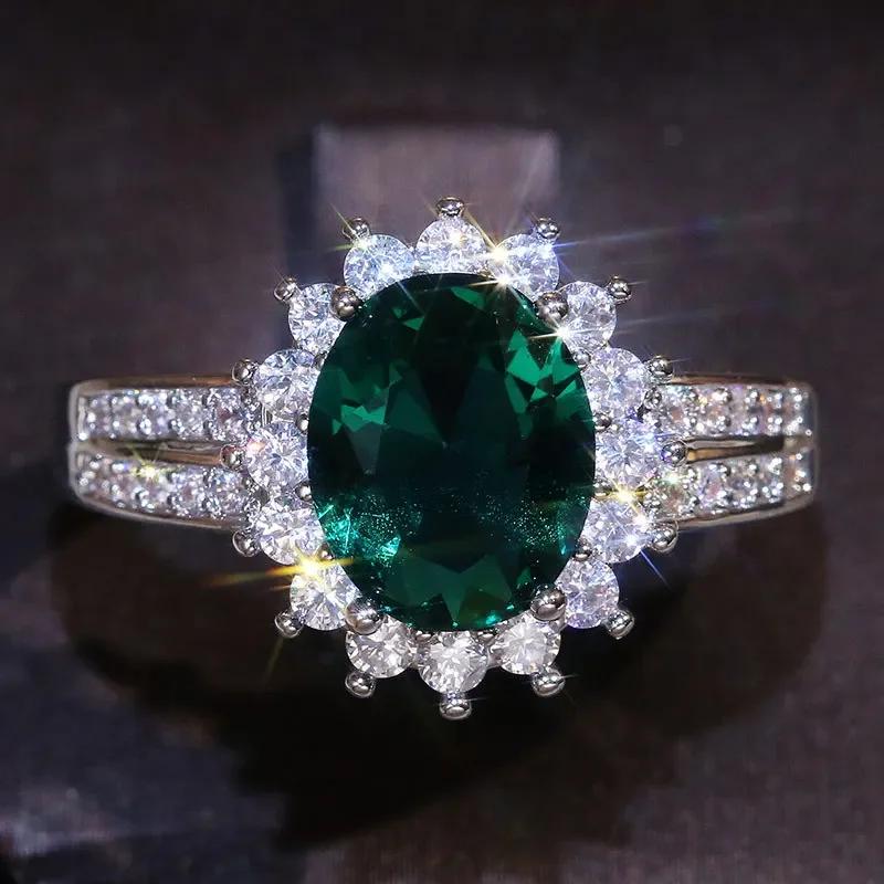 Luxury Green Crystal Ring Princess Crown Halo Engagement Wedding Rings Cubic Zircon  Sterling Silver Rings For Women
