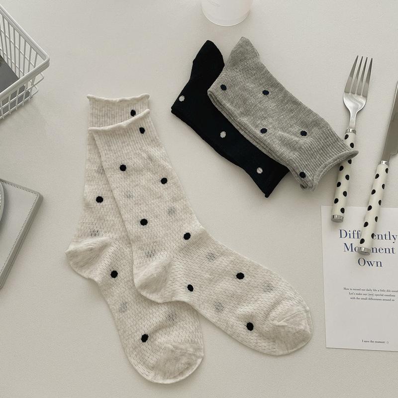 Women's Summer Thin Polka Dot Mesh Breathable Curled Mid Tube Stack Cotton Socks