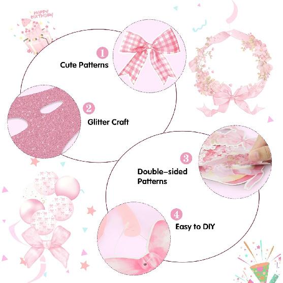 25 Pcs Pink Bow Birthday Party Decorations Glitter Happy Birthday Banner Garland Pink Hanging Swirls Bow Themed Party Decor Streamers for Girls Women