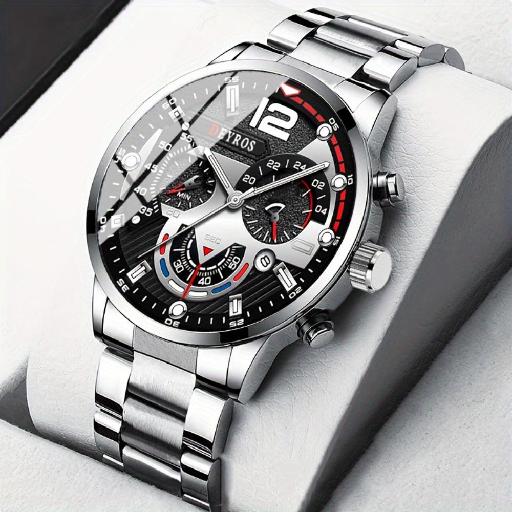 3pcs/set, Fashion Men's Business Watch, Casual Stainless Steel Quartz Wristwatch, Golden Necklace, Bracelet and Wristwatches Set