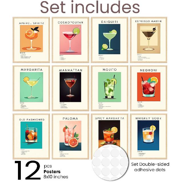 TRAMIN 12pcs Vintage Cocktail Poster, Retro Cocktail Wall Art, Bar Cart Accessories and Decor, Funky Drink Aesthetic Pictures, Colorful Preppy Bar