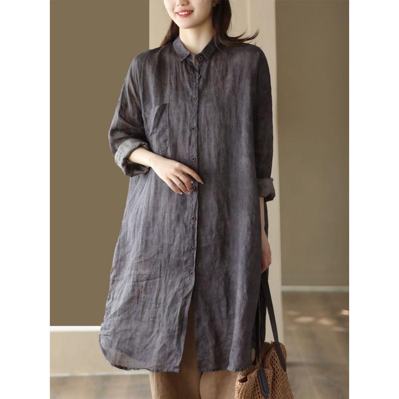 Savings Spot 2026 Retro Katoen Linnen Blouse - Dames Middellange Vest met Donker Patroon XXL grijze kleur