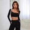 Spring Women's Athletic Casual Cut-off Style Knit High Stretch Long Sleeve Top