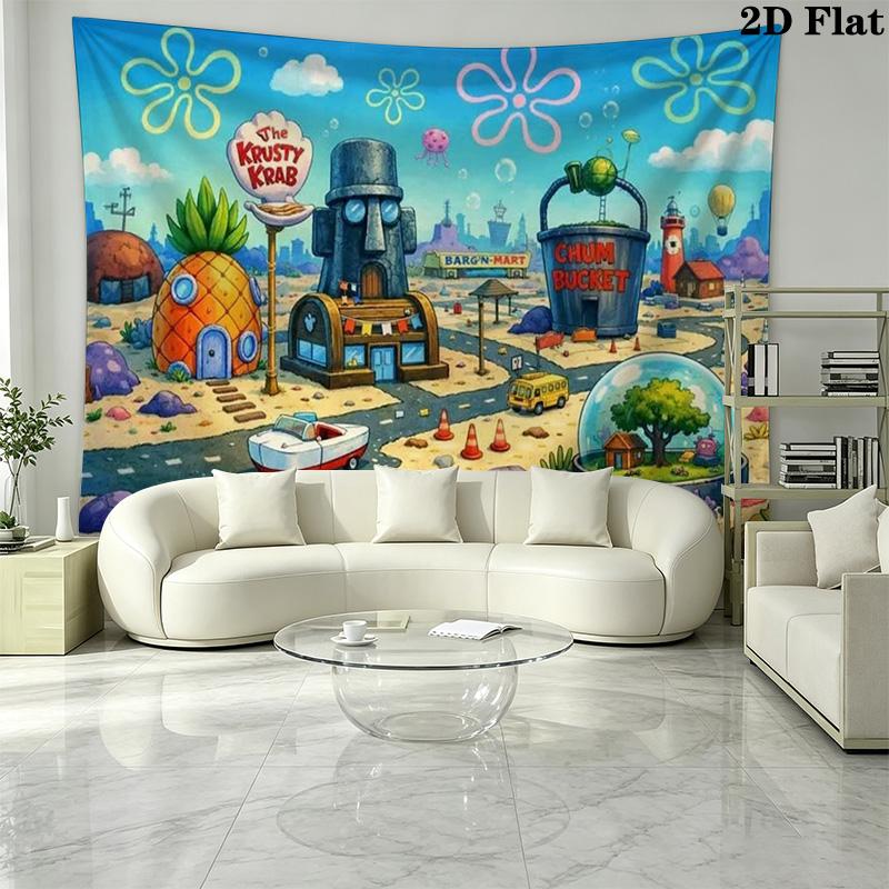 Cartoon Spongebob Wall Tapestry Aesthetic Wall Hanging Printed Fabric Blanket Decorative Tapestries for Bedroom Living Room Home Decor