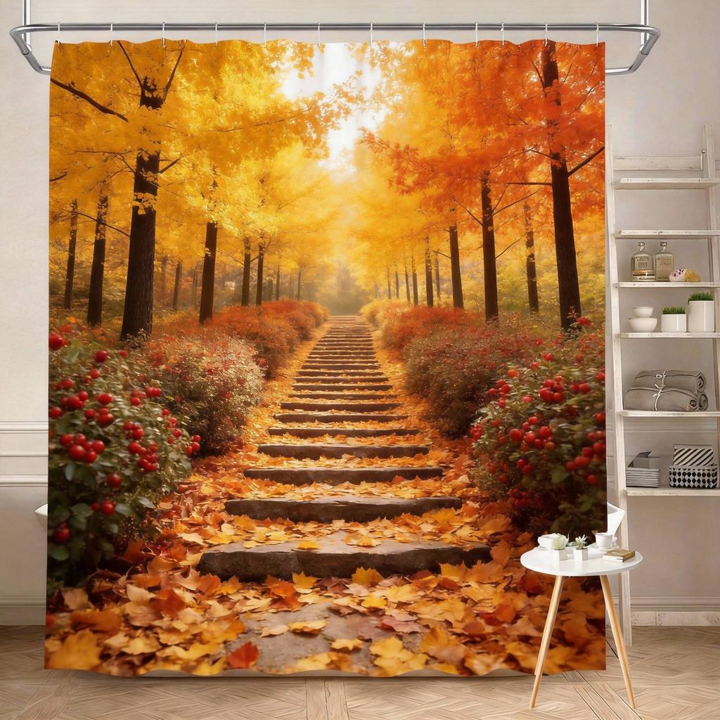 Woodland Shower Curtain 180x180cm – Forest Path with Moss & Trees, Tranquil Nature Bathroom Decor, 12 Hooks