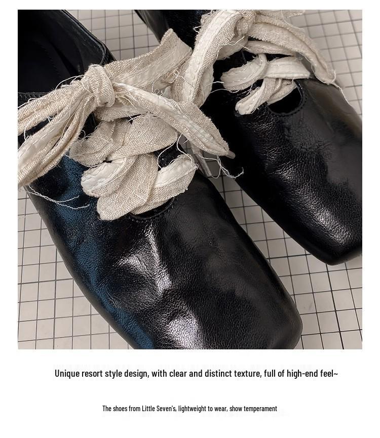 Retro Square Toe Chunky Heel Leather Ballet Shoes for Women