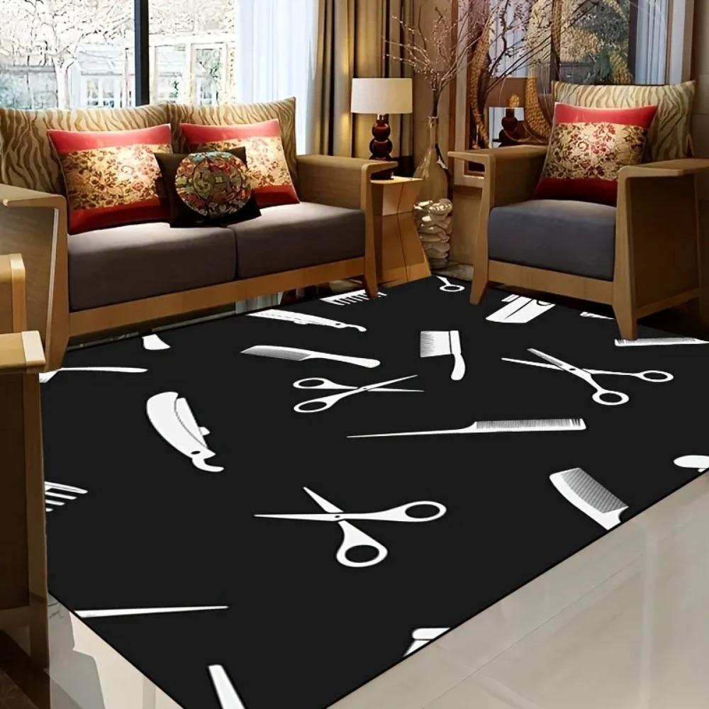 Barber Shop Tool Mat - Scissors & Comb Pattern Rug for Living Room, Hair Salon & Bedroom, Machine Washable Decor Carpet
