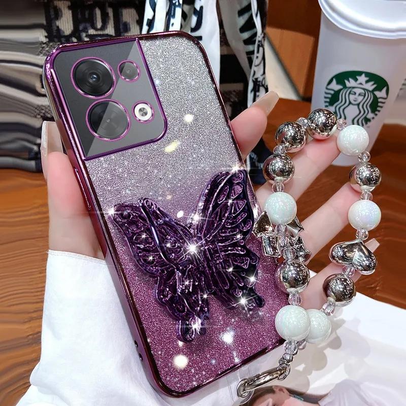 3D Butterfly Phone Holder Bead bracelet Glitter Plating Case for OPPO Reno 8 7 Pro Plus 4G 5G Back Cover