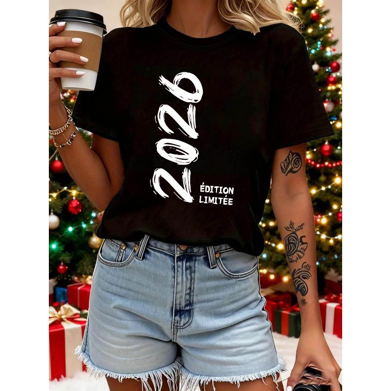 

2026 New Women s T-shirt Printed French Short Sleeved Round Neck Top, Casual Style and New Year Fashion Women s T-shirt S