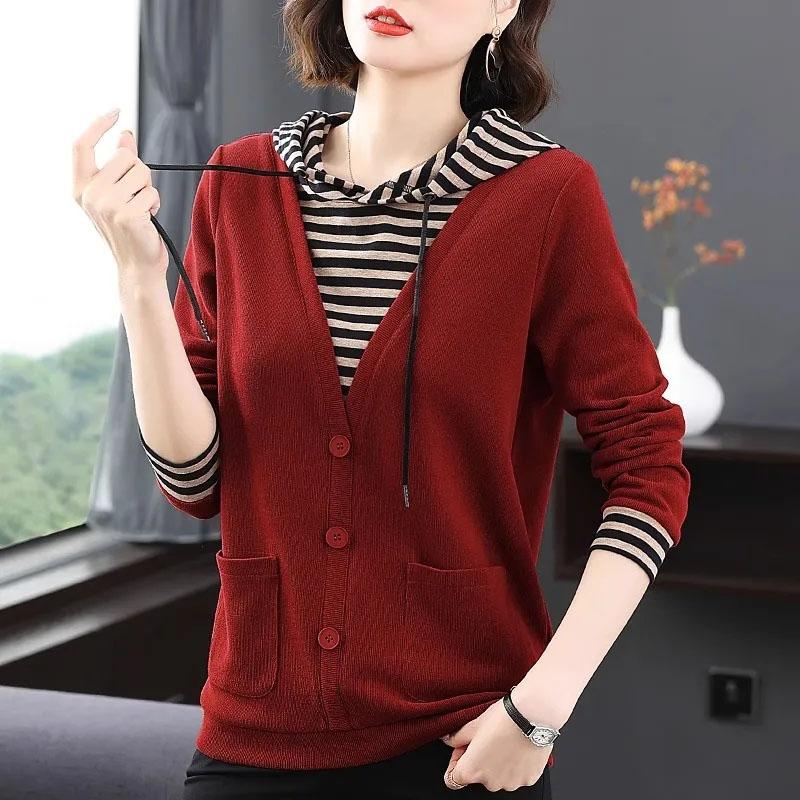 Kapşonlu kazak kadın sonbahar ve kış yanlış iki adet çizgili uzun kollu tişört büyük metre dip gömlek rahat kazak üstleri