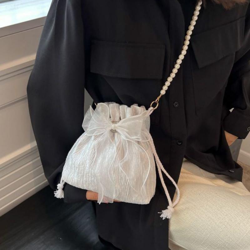 Chic Bowknot Canvas Crossbody Bag with Faux Pearl Chain Versatile & Stylish Bucket Shoulder Purse for Women